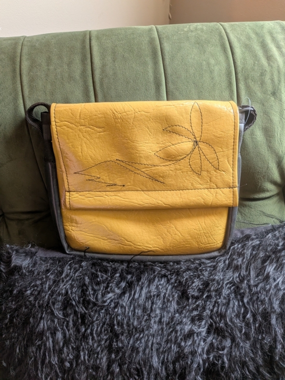 Recycled Materials Flat Yellow Leather Floral Stitch Crossbody Bag BC